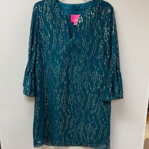 Lilly Pulitzer Elonora Silk Dress Inky Tidal Fish Teal and Gold Size Medium